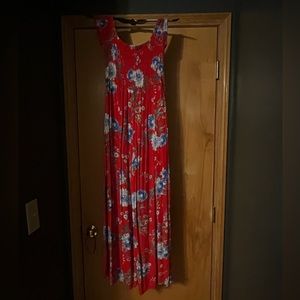 Red, blue, flowers, Jumpsuit, short sleeve